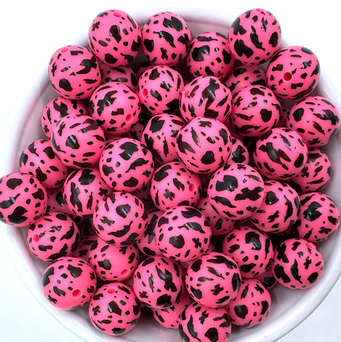 Hot Pink Cow Print Silicone Beads--15mm