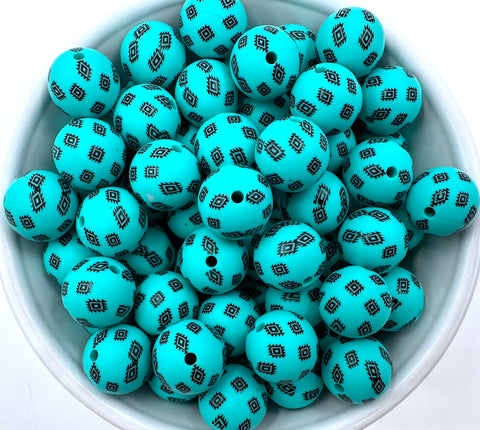 Turquoise Aztec Western Print Silicone Beads--15mm
