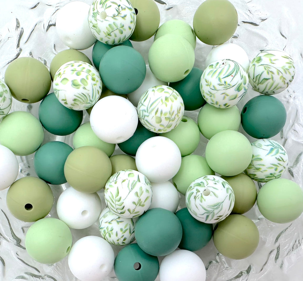 Green Leaf Print Silicone Bead Mix--White, Spring Green, Sage, Eucalyptus