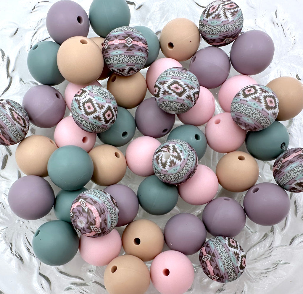 Pink, Purple & Blue Western Silicone Bead Mix--Powder Pink, Beach Blue, Oatmeal, Amethyst