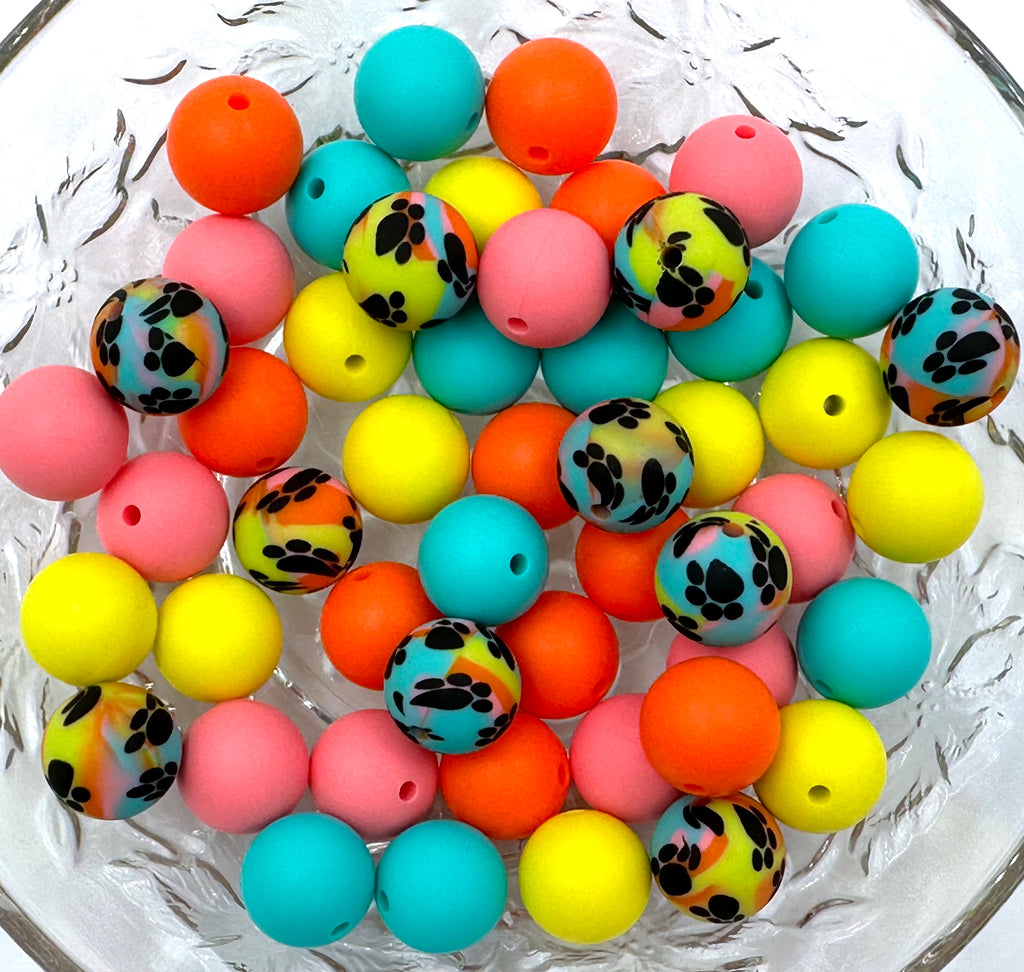 Rainbow Tie Dye Paw Print Silicone Bead Mix--Perfectly Pink, Orange, Lemon Yellow, Turquoise
