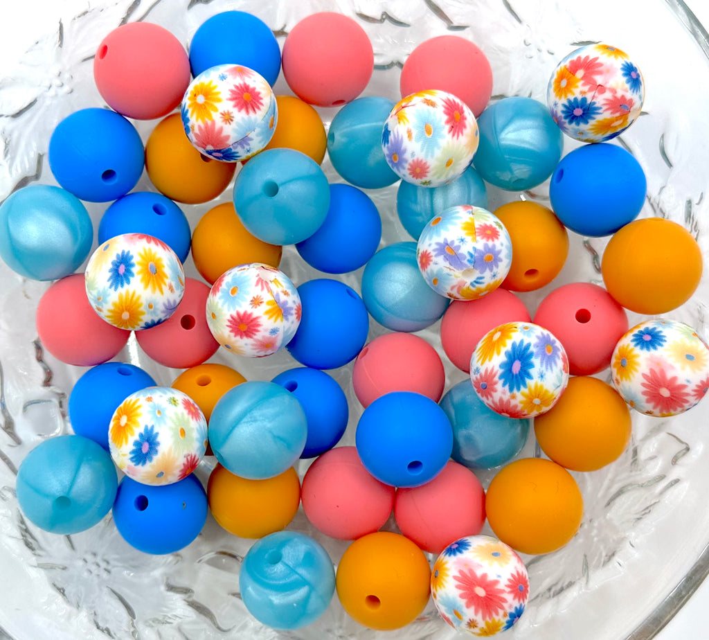 Colorful Daisy Flower Silicone Bead Mix--Perfectly Pink, Sky Blue, Metallic Island Blue, Mango