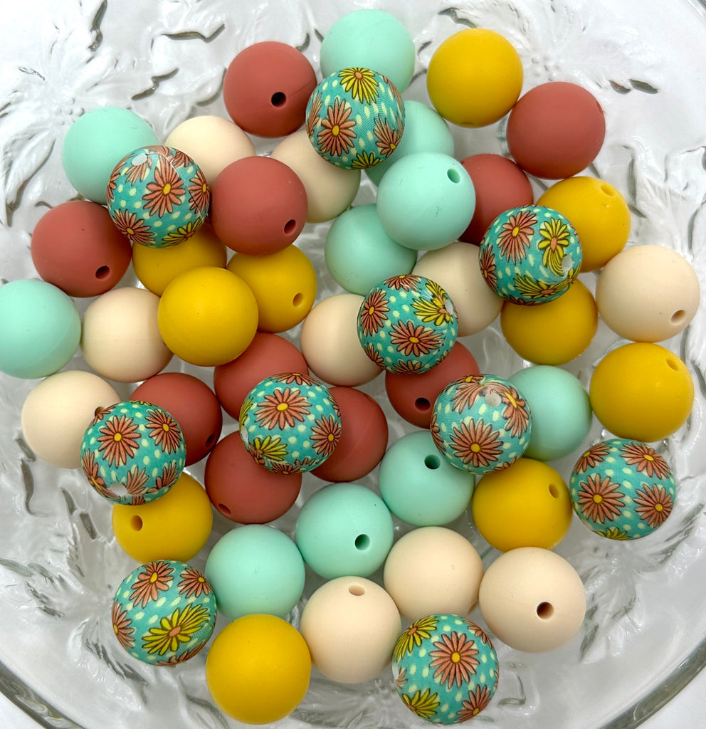 Green Daisy Flower Silicone Bead Mix--Sunflower Yellow, Maroon, Mint, Beige