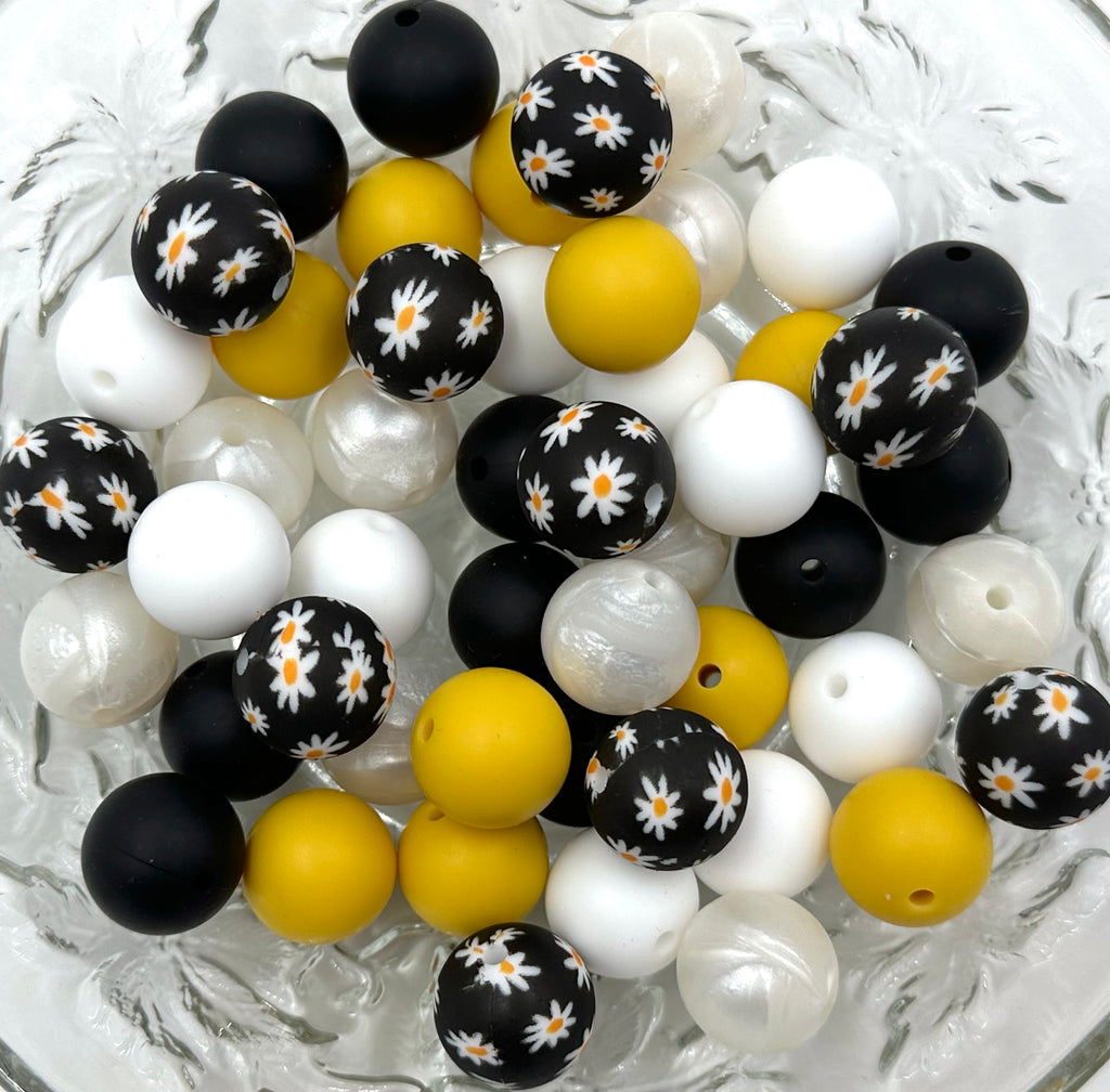 White & Black Daisy Flower Silicone Bead Mix--White,  Sunflower Yellow, Black, Metallic White