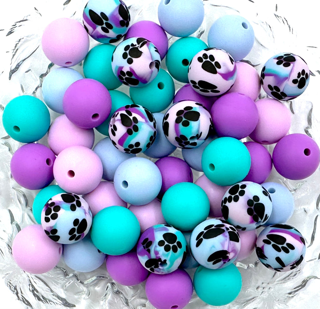 Purple Tie Dye Paw Print Silicone Bead Mix--Sweet Lilac, Lavender Purple, Turquoise, Baby Blue