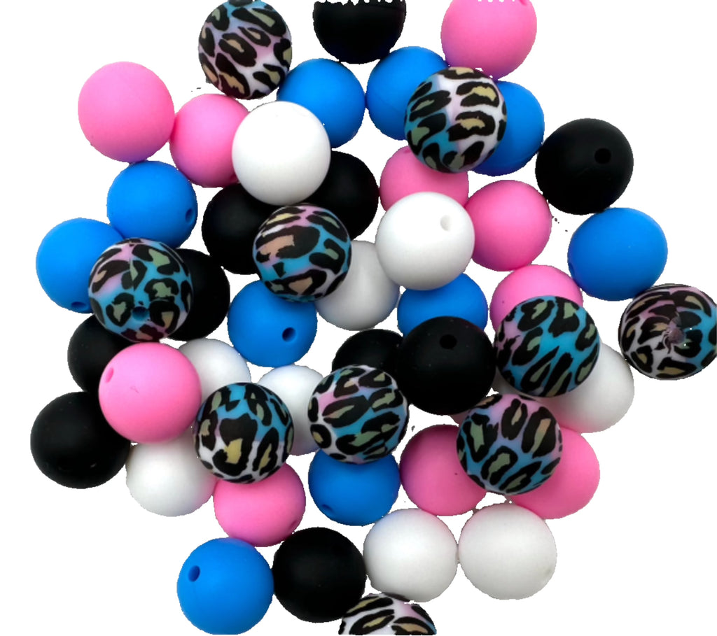 Pink & Blue Leopard Silicone Bead Mix--White, Black, Sky Blue, Pink