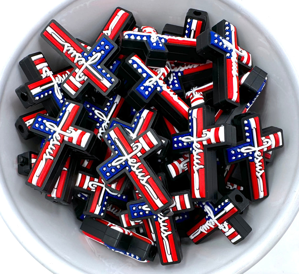 Jesus Cross Silicone Focal Bead--Red, White & Blue