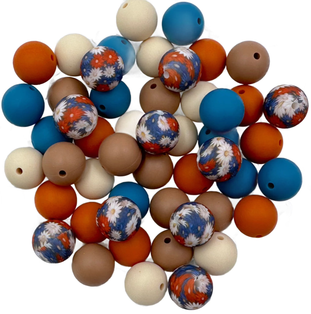 Rustic Flower Silicone Bead Mix--Pumpkin, Beige, Sea Blue, Latte