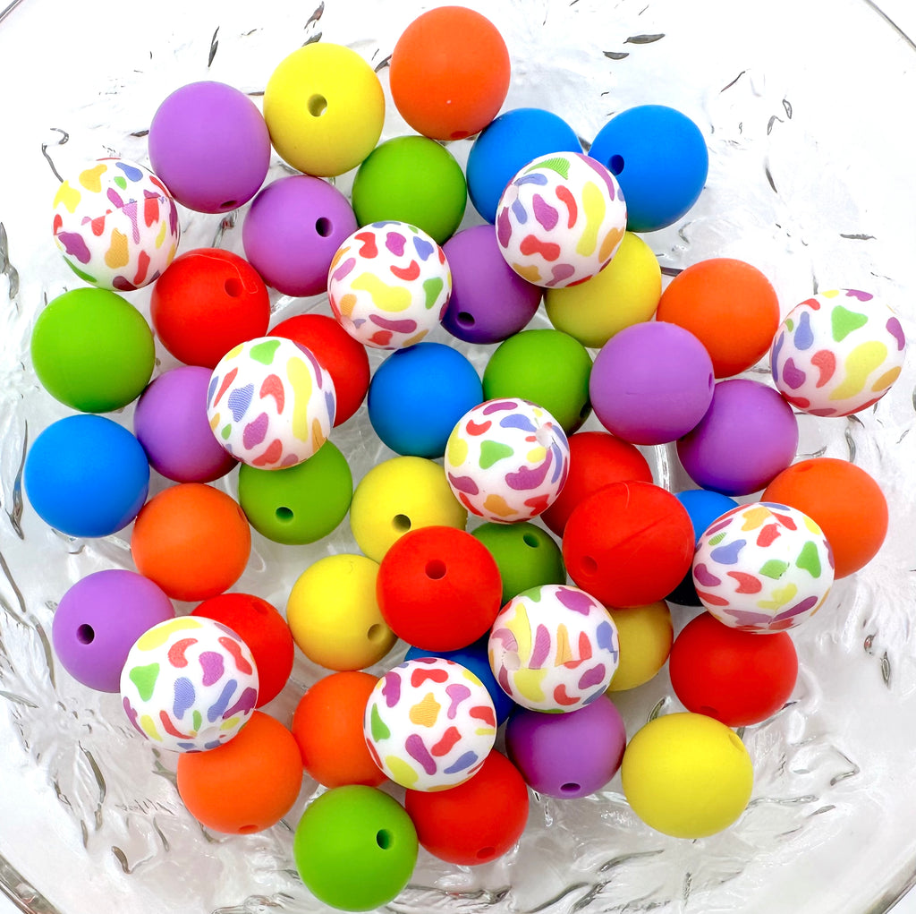 Bright Rainbow Leopard Silicone Bead Mix--Coral Red, Orange, Lemon Yellow, Green, Sky Blue, Lavender Purple