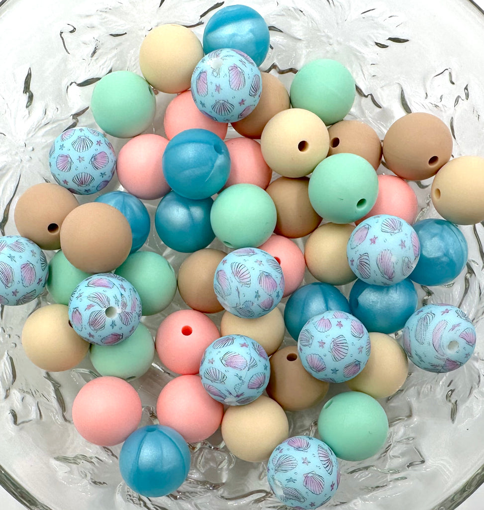 Sea Shell Silicone Bead Mix-Beige, Oatmeal, Pink Quartz, Metallic Island, Mint