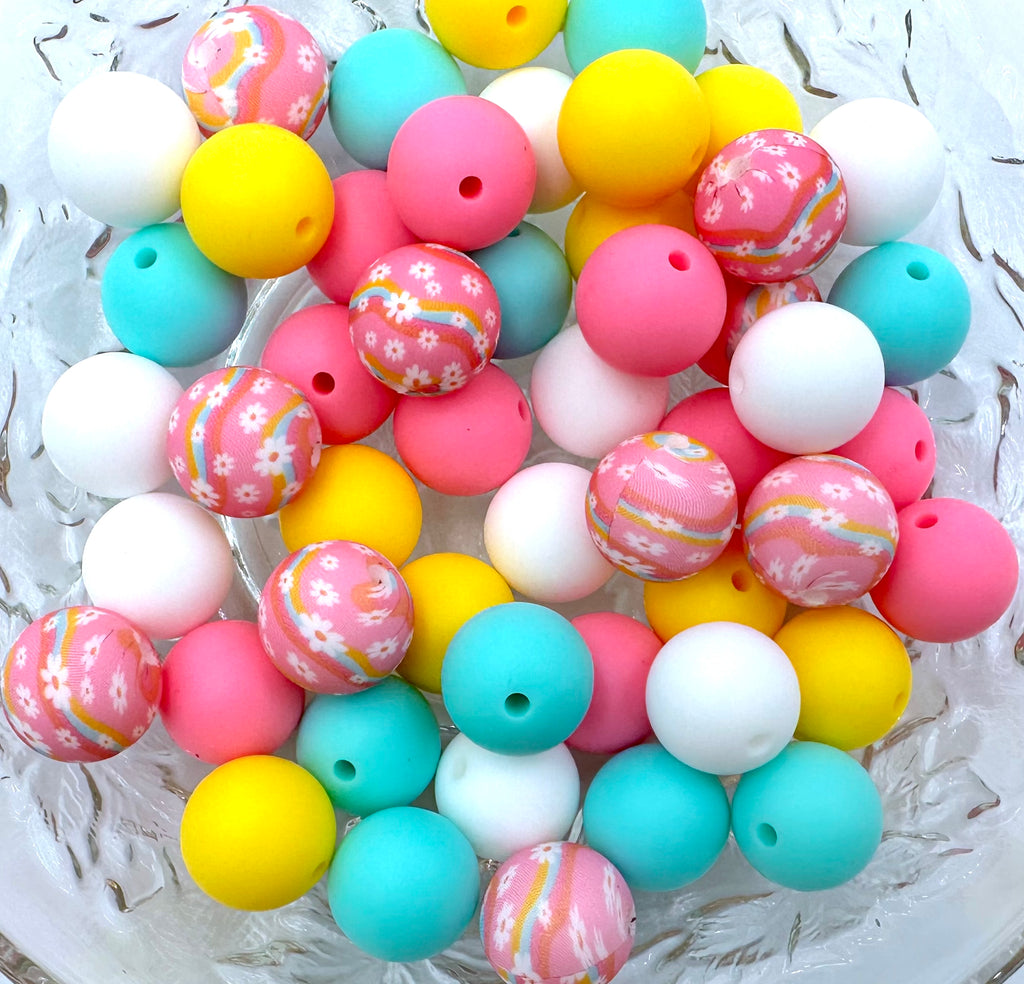 Retro Daisy Silicone Bead Mix--White, Pink, Yellow, Aqua
