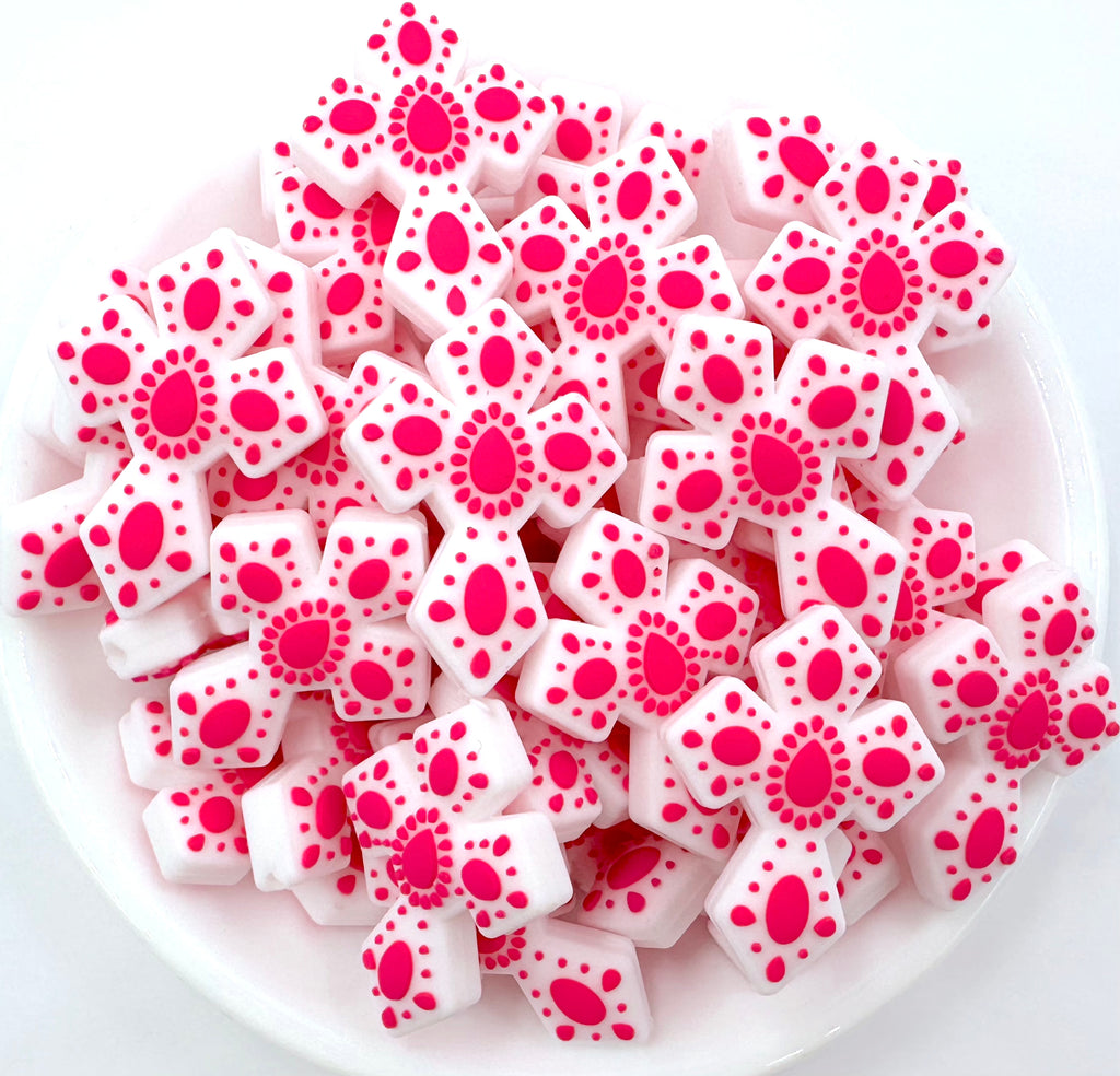Gem Cross Silicone Focal Bead--Pink