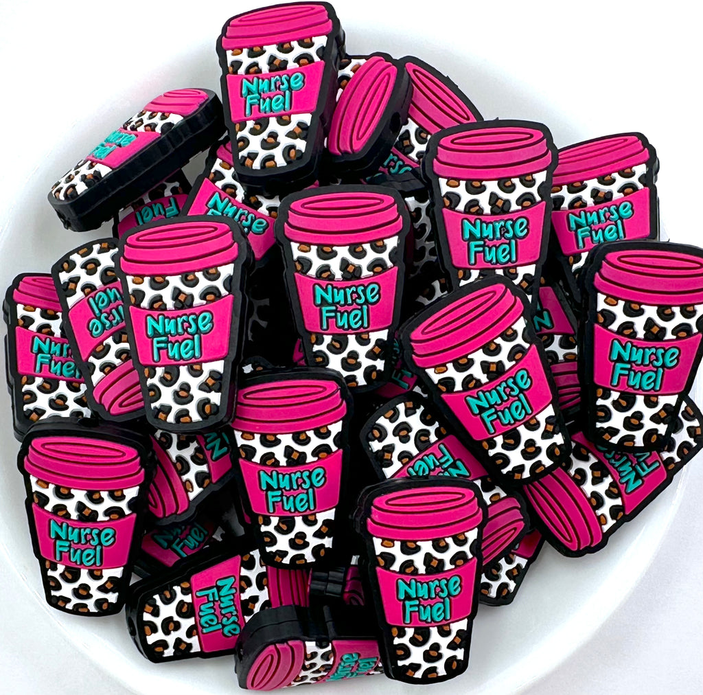 Nurse Fuel Coffee Cup Silicone Focal Beads--Hot Pink