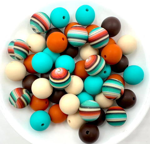 Turquoise Striped Western Silicone Bead Mix--Beige, Pumpkin, Turquoise, Brown