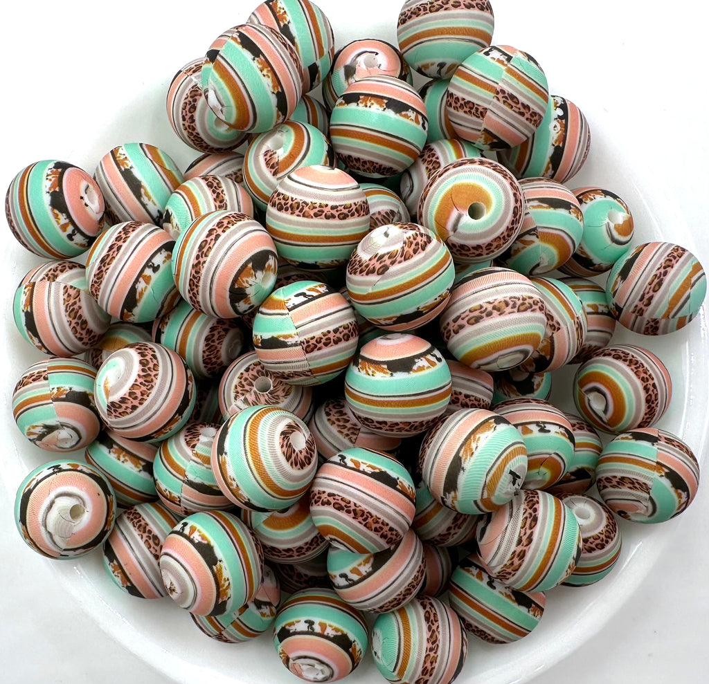 Pink & Mint Western Striped Aztec Print Silicone Beads