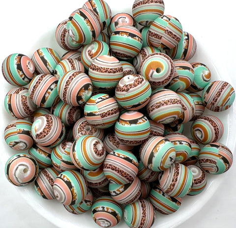 Pink & Mint Western Striped Aztec Print Silicone Beads