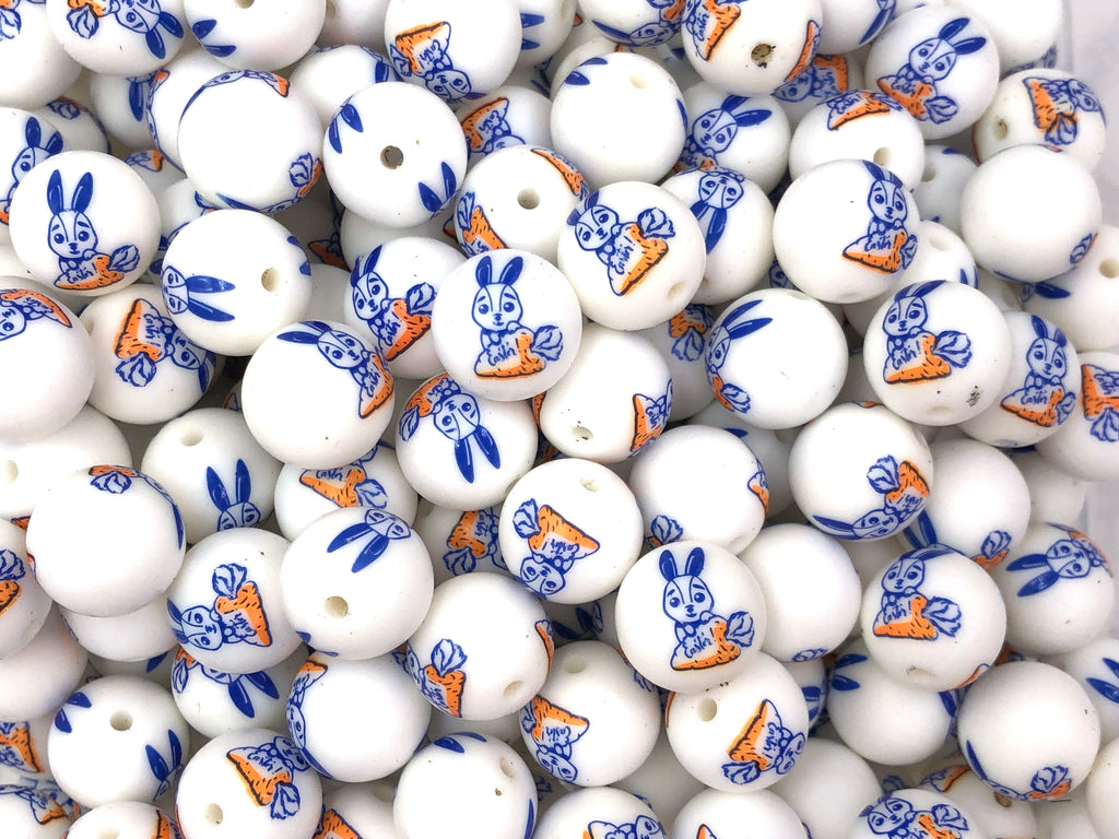 Easter Bunny with Carrot Print Silicone Beads--15mm