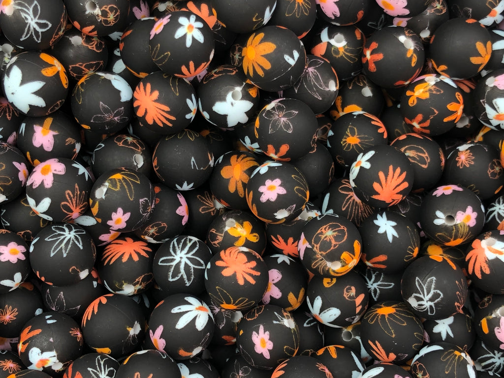Orange & White Flower Print Silicone Beads--15mm