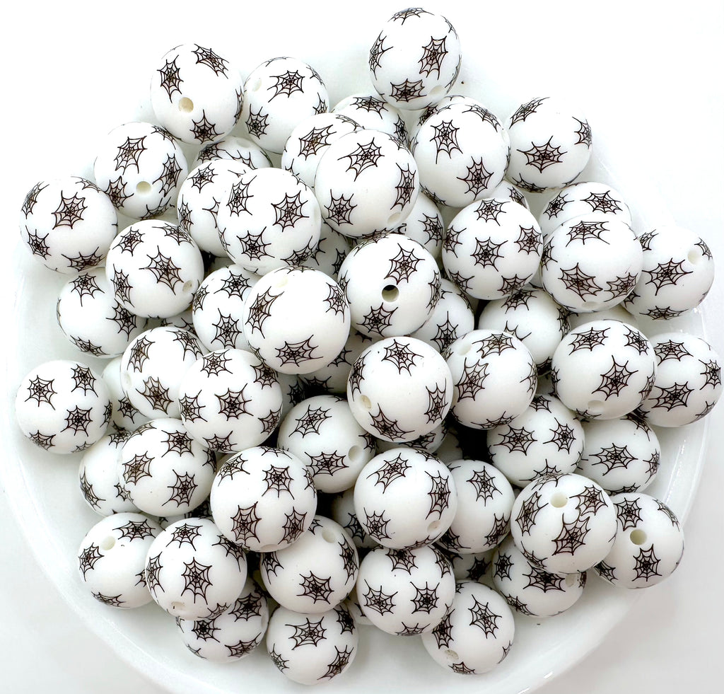 White Spider Web Print Silicone Beads--15mm