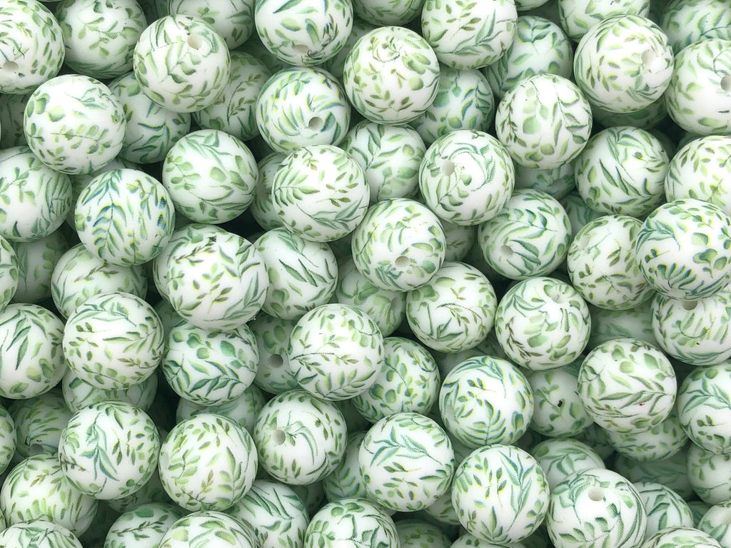 Green Leaf Print Silicone Beads--15mm
