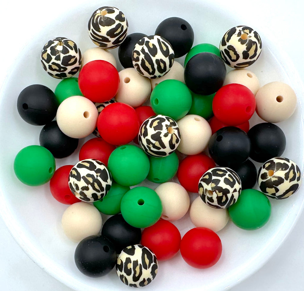 Leopard Christmas Silicone Bead Mix--Red, Kelly Green, Beige, Black