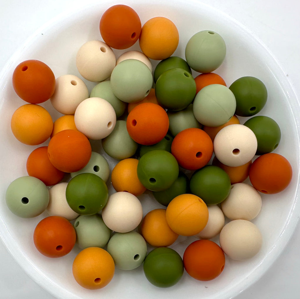 Fall & Thanksgiving Silicone Bead Mix--Sage, Beige, Pumpkin, Mango, Army Green