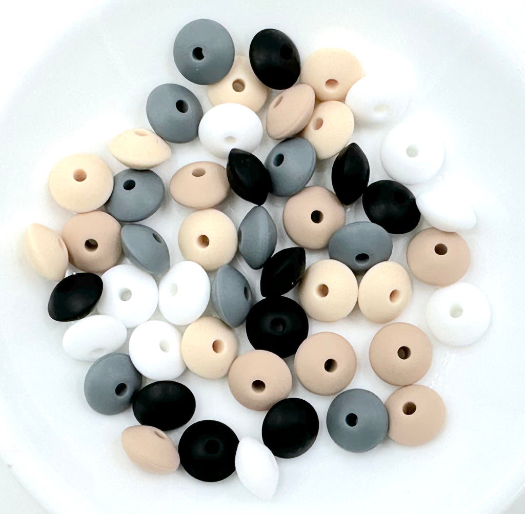 Lentil Silicone Bead Mix--White, Beige, Oatmeal, Gray, Black