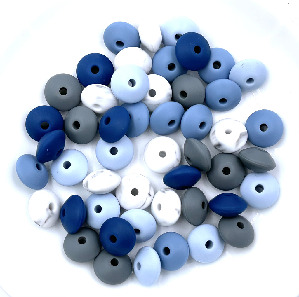 Lentil Silicone Bead Mix--Marble, Baby Blue, Powder Blue, Sapphire, Gray