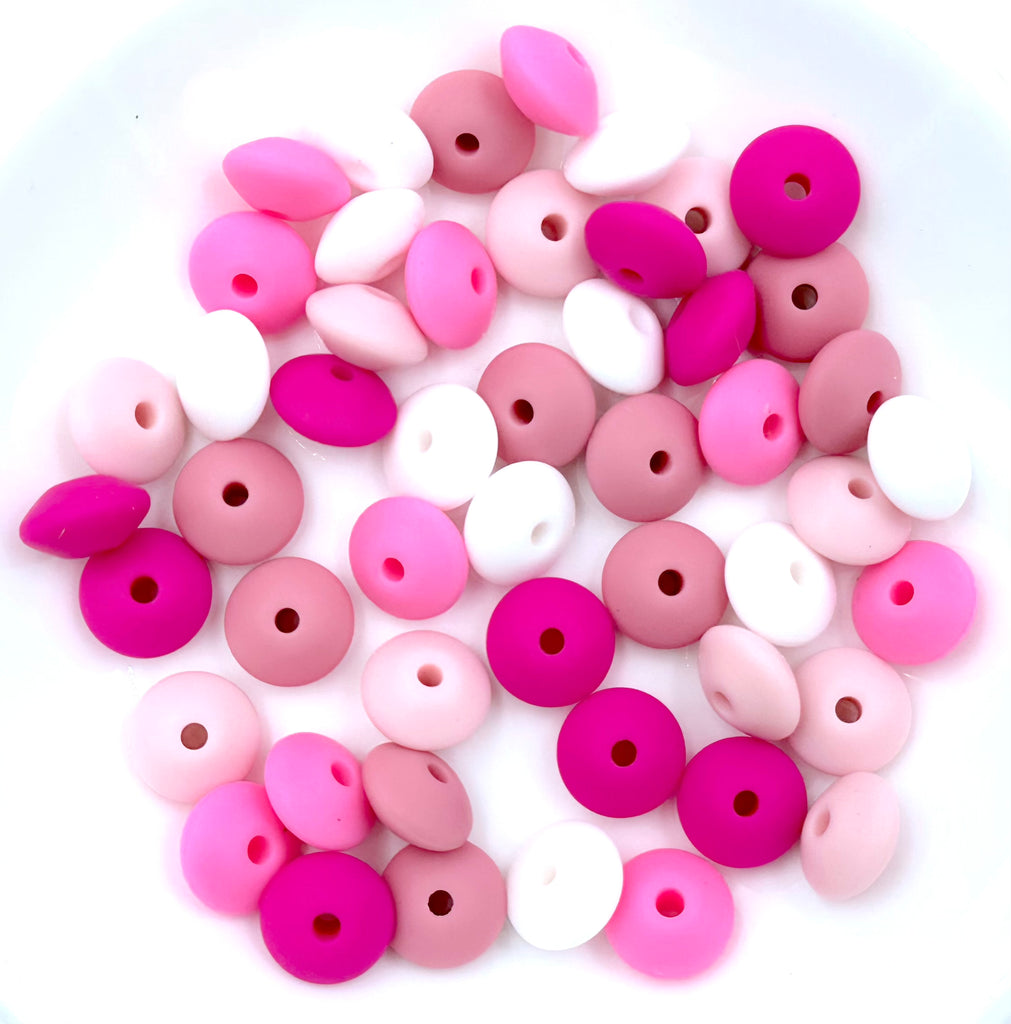 Lentil Silicone Bead Mix--White, Powder Pink, Pink Quartz, Pink, Hot Pink