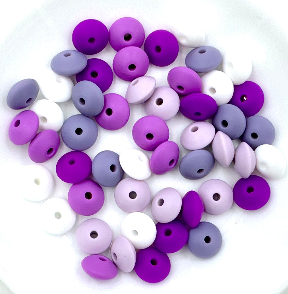 Lentil Silicone Bead Mix--White, Lilac, Tropical Lilac, Lavender Purple, Royal Purple