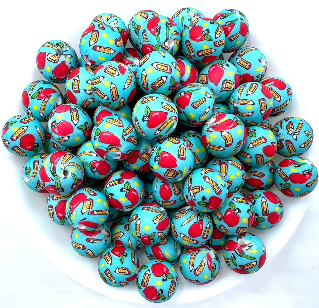 Blue School Apple & Pencil Printed Silicone Beads--15mm