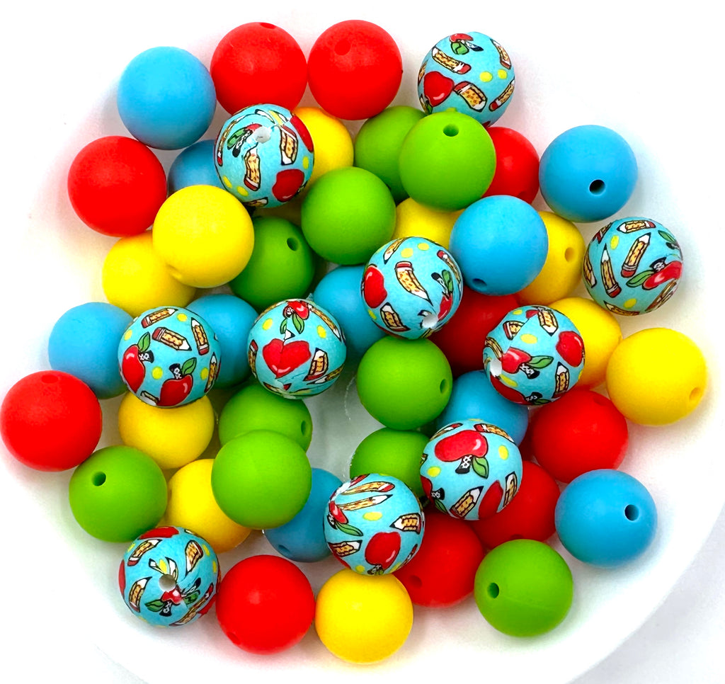 Blue School Apple & Pencil Silicone Bead Mix--Strawberry Red, Yellow, Green, Island Blue