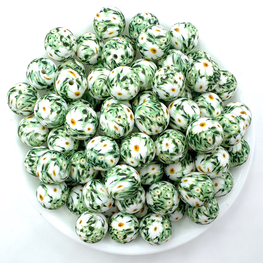 Green & White Daisy Flower Print Silicone Beads--15mm