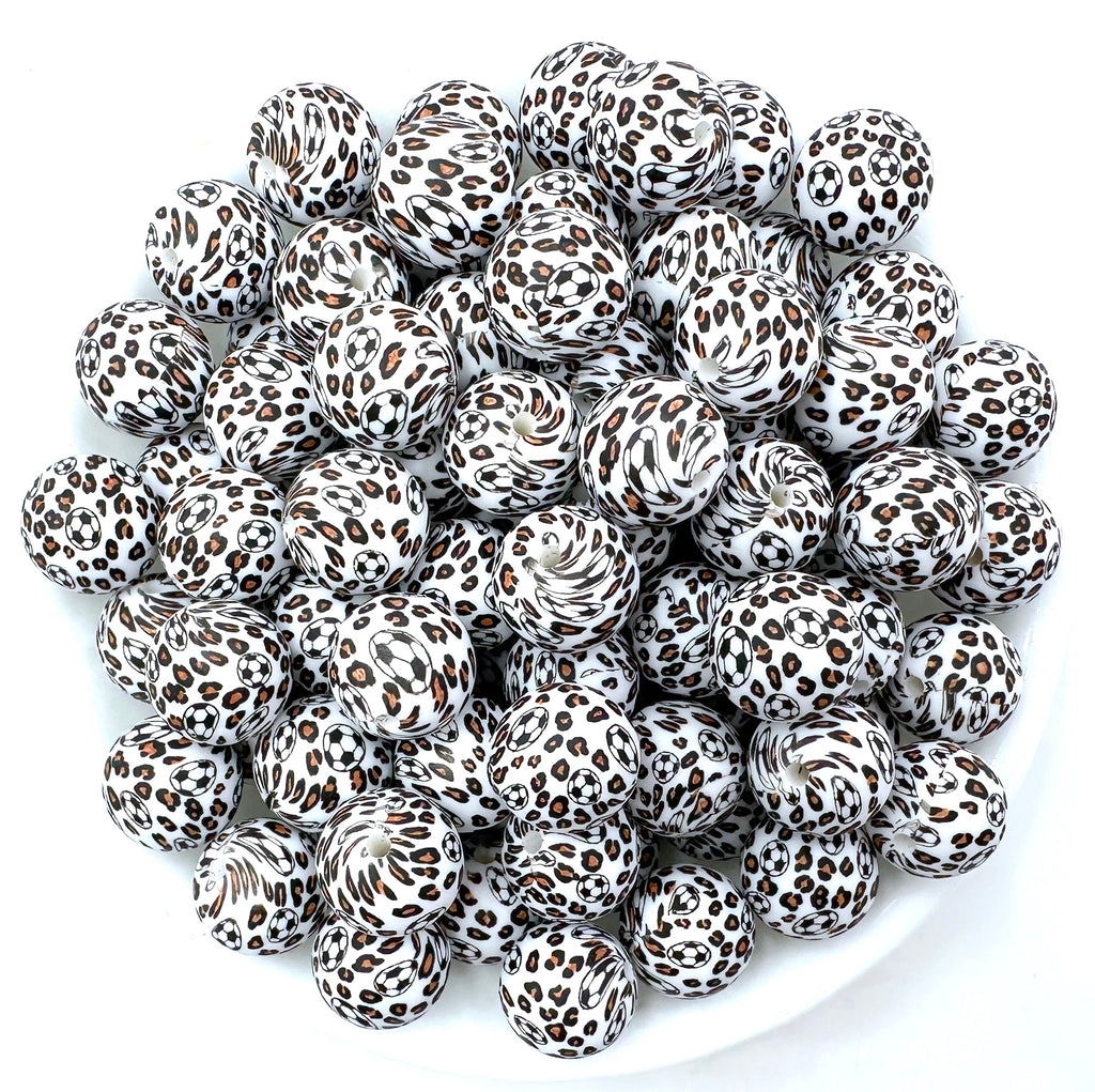 Leopard Soccer Ball Print Silicone Beads--15mm