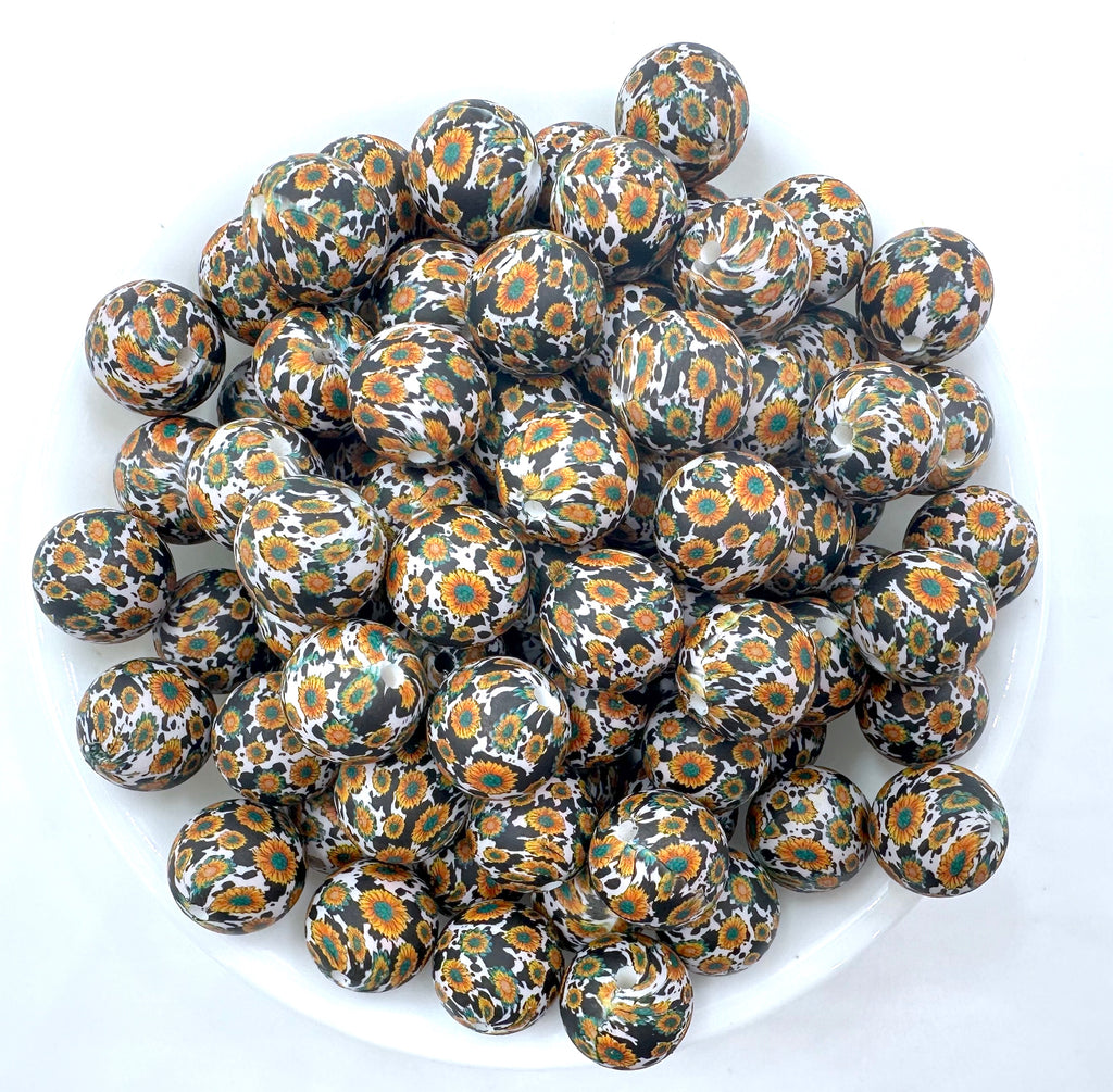 Western Sunflower & Cow Print Silicone Beads--15mm