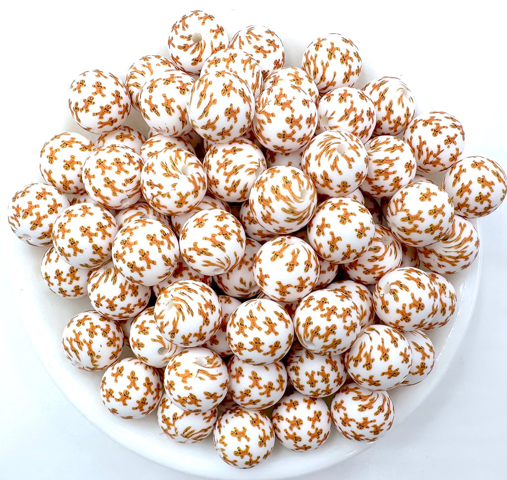 Gingerbread Christmas Print Silicone Beads--15mm