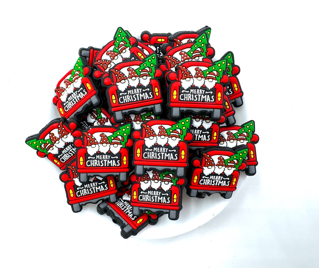 Gnome Merry Christmas Truck Silicone Focal Bead--Red