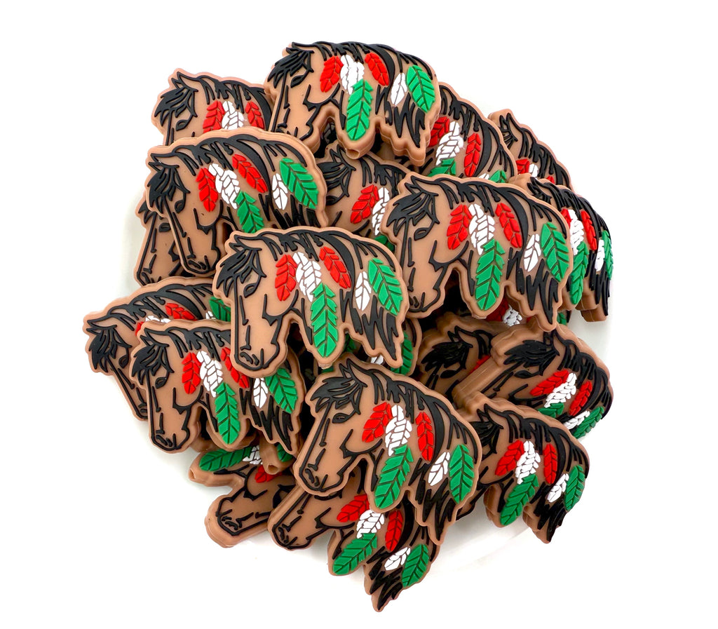 Western Horse with Feathers Silicone Focal Beads--Red & Green