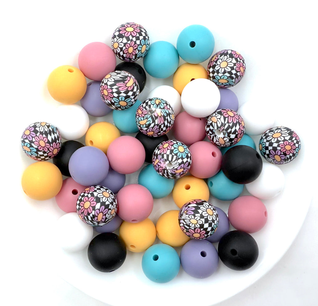 Daisy & Checkered Silicone Bead Mix--White, Dusty, Golden, Island, Periwinkle, Black