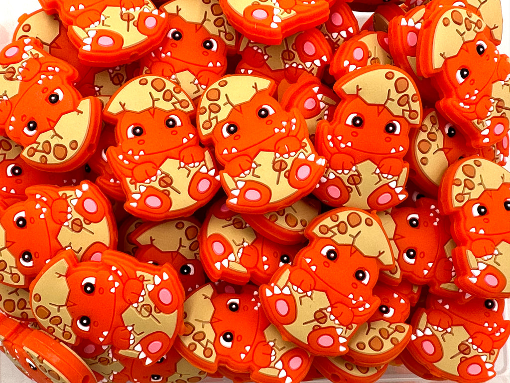 Hatching Baby Dinosaur Silicone Focal Beads--Orange