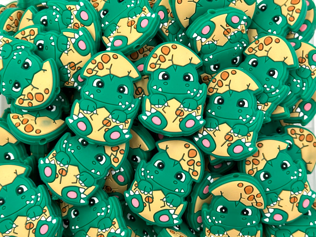 Hatching Baby Dinosaur Silicone Focal Beads--Green