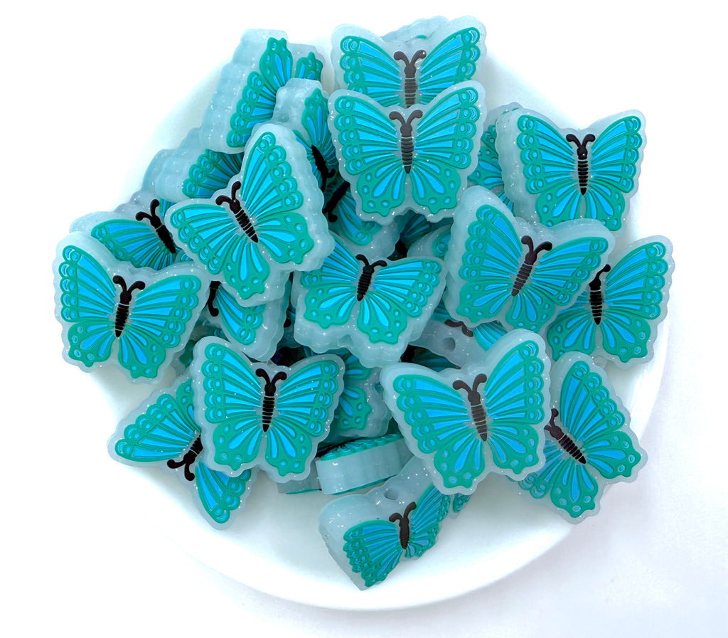 Glitter Butterfly Silicone Focal Beads--Turquoise