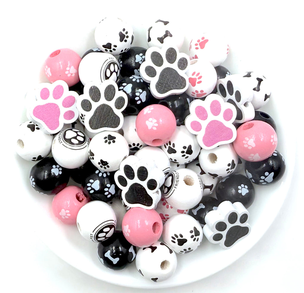 16mm Paw Print Mix Wood Round Beads