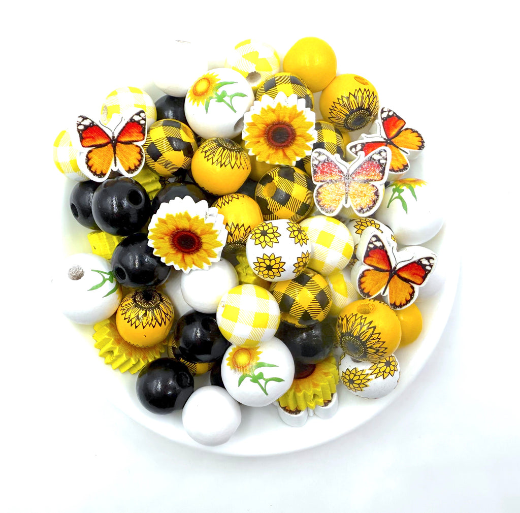 16mm Sunflower & Butterfly Mix Wood Round Beads