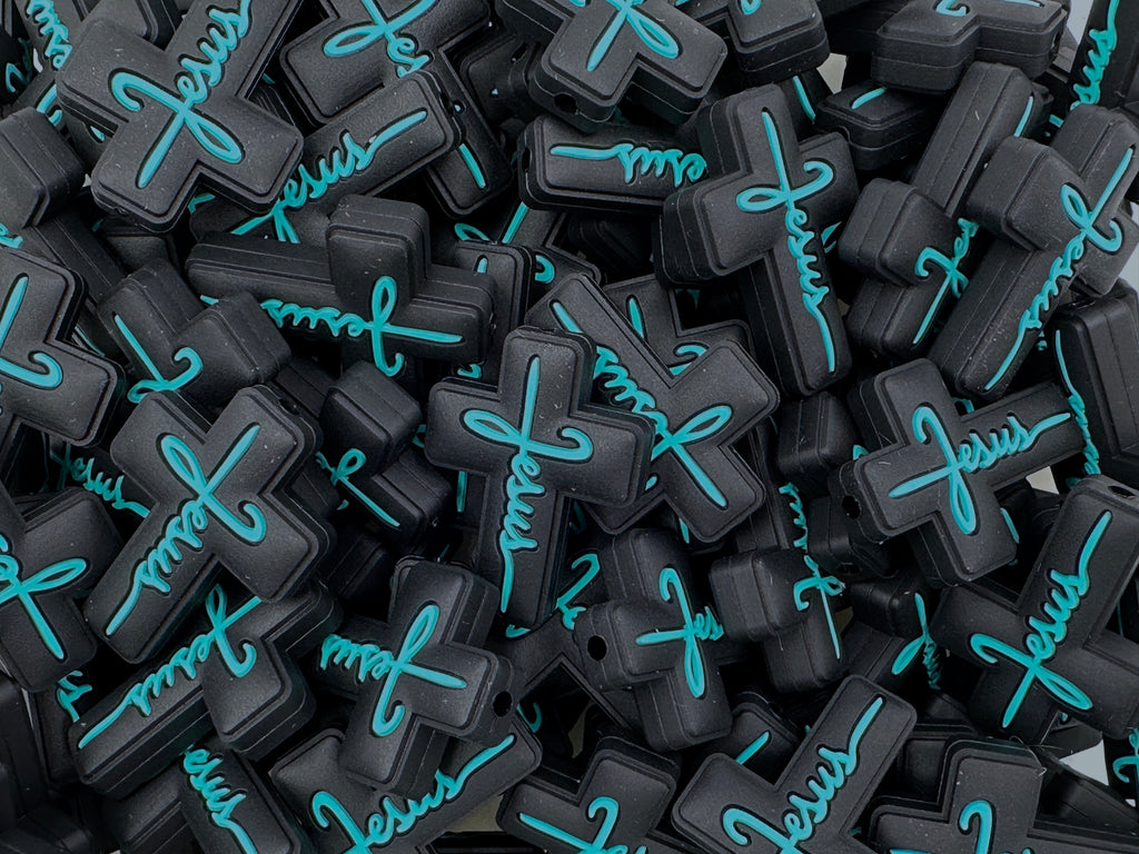 Jesus Cross Silicone Focal Bead--Black & Turquoise