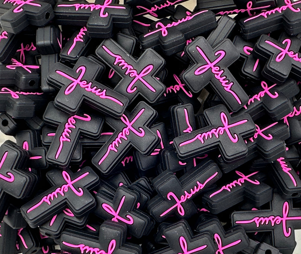 Jesus Cross Silicone Focal Bead--Black & Pink