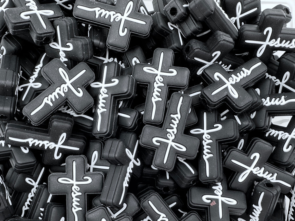 Jesus Cross Silicone Focal Bead--Black