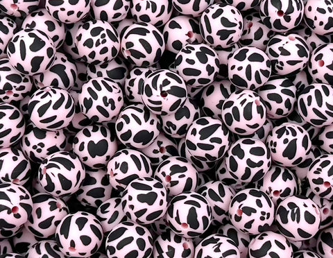 15mm Black & Pink Cow Printed Silicone Beads