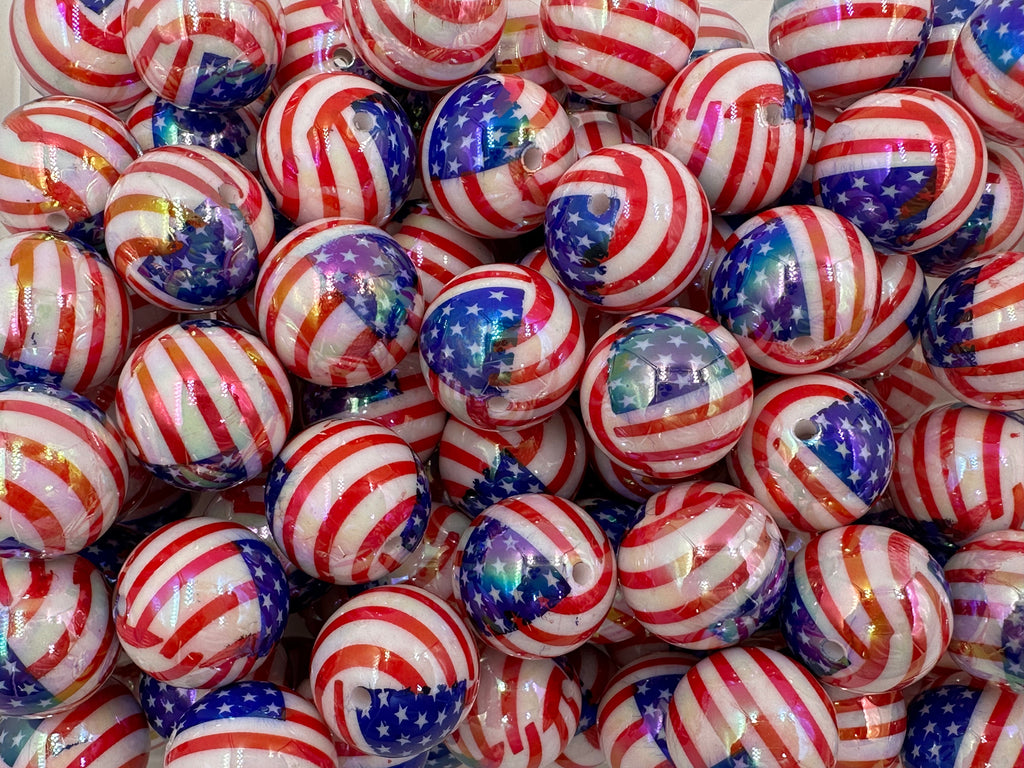20mm AB Iridescent American Flag Print Chunky Beads