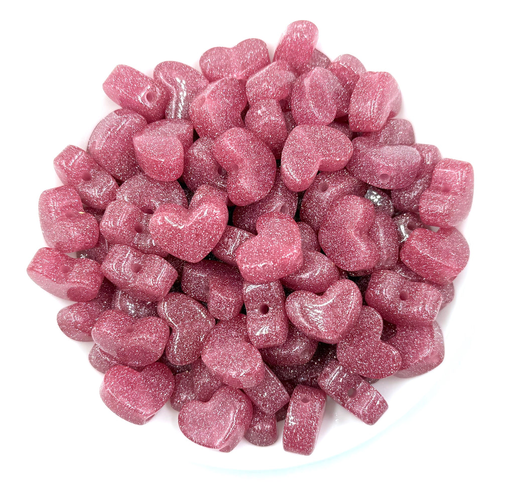 19mm Glitter Resin Heart Chunky Beads--Pink